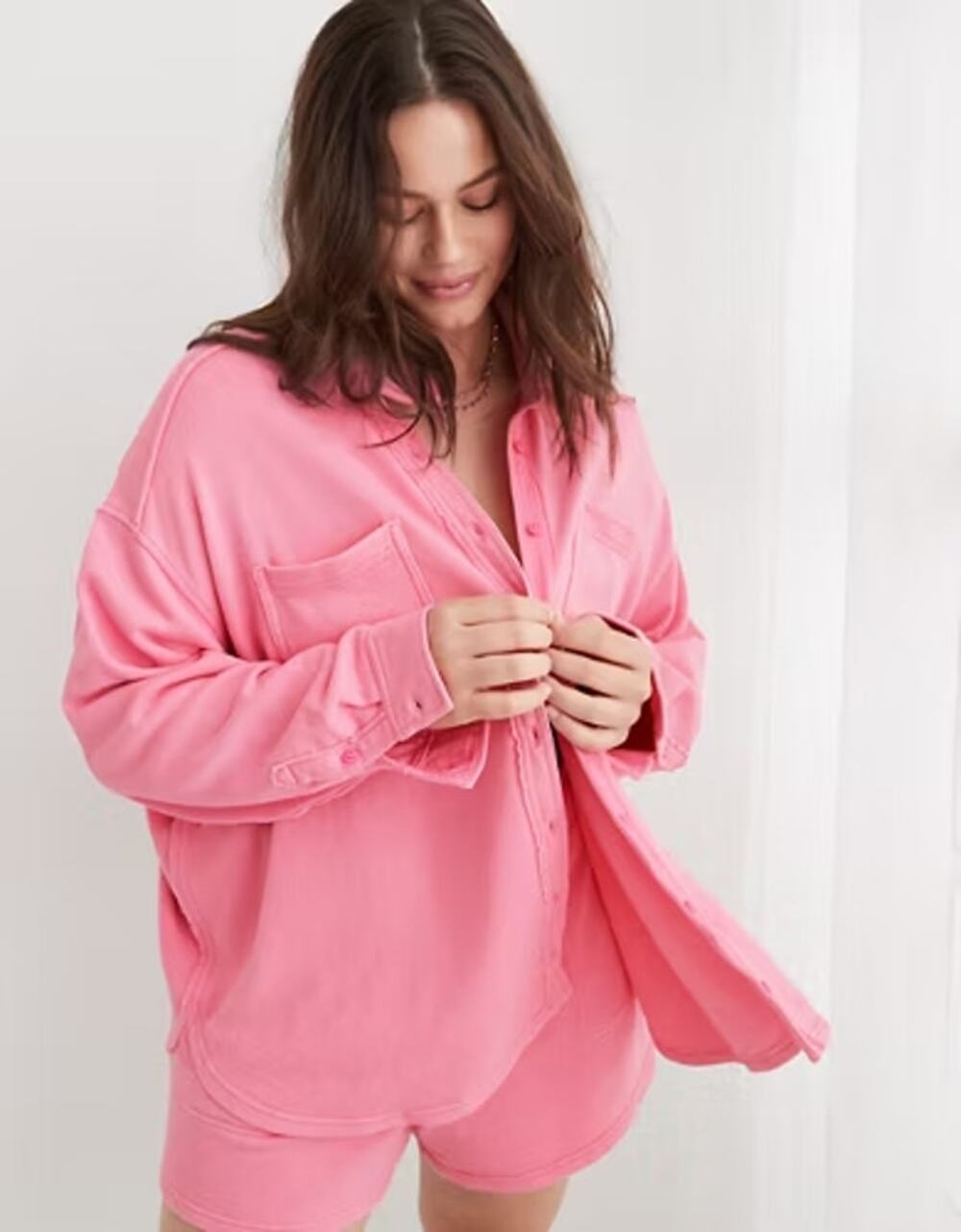 Aerie LumberJane Fleece Oversized Button-Down Shirt Jacket Shacket Petal Pink XS